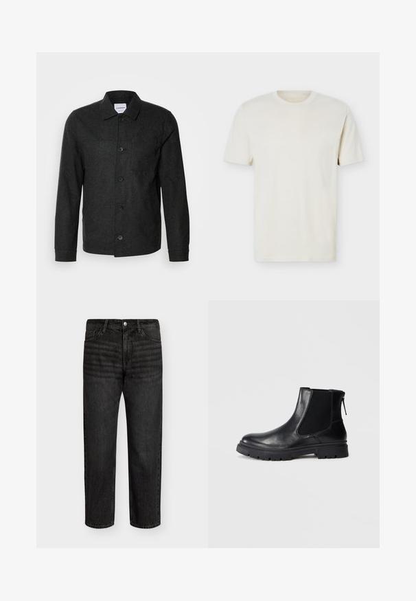 Lindbergh Chaqueta fina - black melange; Camiseta lisa de algodón color blanco hueso, cuello redondo y manga corta, con un logo sutil en el pecho izquierdo, presentada sobre un fondo blanco plano.; Jeans de mezclilla negra con corte recto, con una cintura de altura media, cinco bolsillos y cierre de botón de metal. Textura suave con un ligero desgastado.; Bota negra de cuero hasta el tobillo con un acabado suave, paneles laterales de malla elástica y una suela resistente con un patrón de relieve visible.
