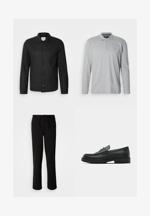 Lindbergh Lichte jas - black melange; Grijze polo met lange mouwen van zachte stof, voorzien van een halve ritssluiting, een klassieke kraag en een klein logo op de borst.; Zwarte joggingbroek met een elastische tailleband en trekkoord, gemaakt van zachte, rekbare stof. Heeft een relaxte pasvorm met rechte pijpen en geen zichtbare zakken.; Zwarte leren instappers met een ronde neus, voorzien van een gestikt ontwerp, een lage platformzool en een gestructureerde, grof rubberen buitenzool.