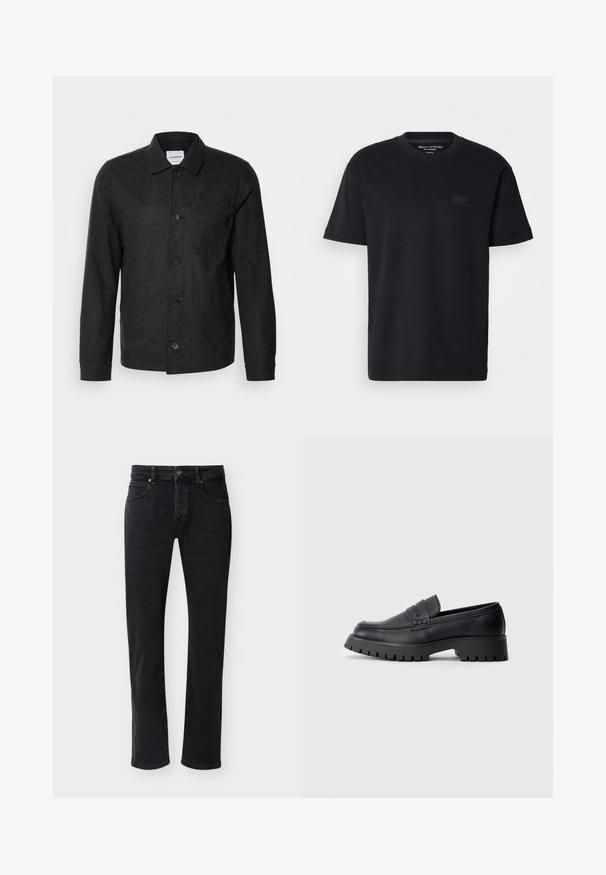 Lindbergh Leichte Jacke - black melange; Schwarzes Baumwoll-T-Shirt mit kurzen Ärmeln und Rundhalsausschnitt sowie einem strukturierten, schwarzen Logopatch auf der Brust. Glattes, leichtes Material.; Schwarze Jeans mit geradem Bein, vorderen Taschen, Gürtelschlaufen, Knopfverschluss und sichtbaren Nähten vor einem schlichten weißen Hintergrund.; Schwarze Leder-Loafer mit abgerundeter Schuhspitze, ausgestattet mit einem dekorativen Riemen und einer robusten Gummisohle mit tiefem Profil für besseren Halt.