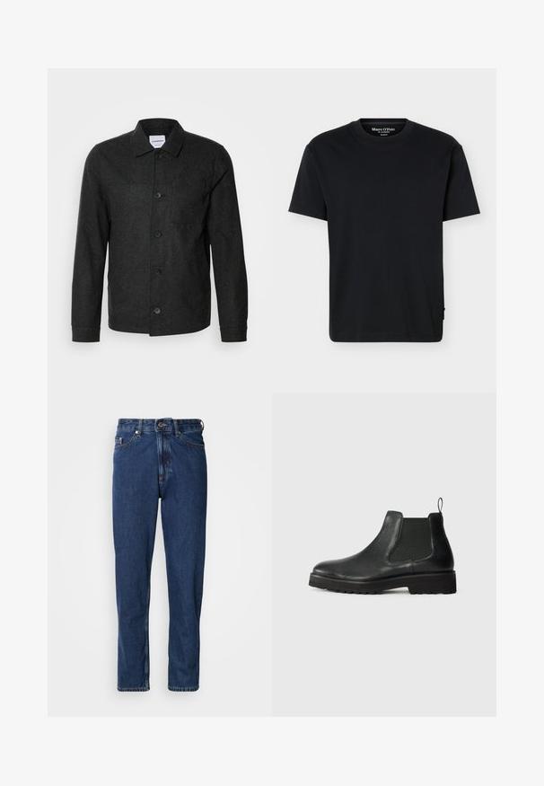 Lindbergh Lichte jas - black melange; Zwart T-shirt met korte mouwen, ronde hals, een relaxte pasvorm en Marc O’Polo branding aan de binnenkant van de kraag, op een effen achtergrond.; Donkerblauwe spijkerbroek gemaakt van denim, met een rechte pijp, vijfzakkenontwerp en zichtbare stiksels langs de naden.; Zwarte leren chelsea boot met een elastische zijpaneel, ronde neus, gestructureerde zool en een klein trek lusje bij de hiel.