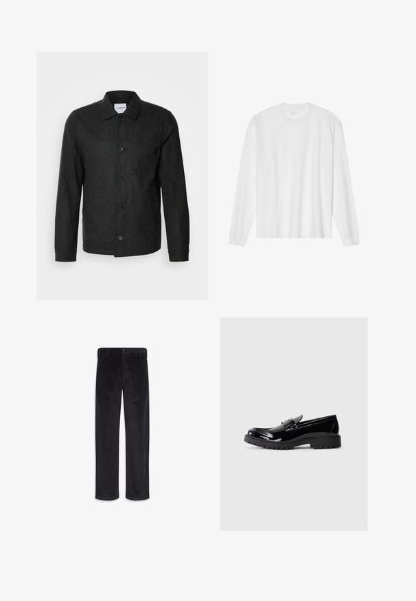 Lindbergh Leichte Jacke - black melange; Weißes langärmeliges Baumwoll-T-Shirt mit Rundhalsausschnitt, mit gerippten Bündchen und geradem Saum, glatter Textur und minimalistischem Design.; Schwarze Cordhose mit geradem Bein, Knopf- und Reißverschluss, Gürtelschlaufen und Seitentaschen.; Schwarze lacklederne Slipper mit einer abgerundeten Kappe, dekorativem Riemen und klobiger Gummisohle mit tiefen Profilen für besseren Grip.