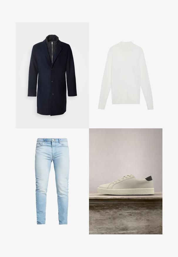 Marineblauer Wollmischungsmantel mit Schalkragen, fünf vorderen Knöpfen, Seitentaschen und einem schwarzen isolierten Innenfutter. Mittelanger Schnitt.; Weißer Pullover mit einem hohen Kragen, langen Ärmeln und gerippten Bündchen sowie Saum. Aus einem weichen Strickstoff gefertigt. Einfaches und tailliertes Design.; Helle blaue Denim-Jeans im Slim-Fit, mit hoher Taille und dezenten Ausbleichungen, Knopfverschluss und fünf Taschen.; Weißer Sneaker mit strukturierter Sohle und schwarzem Absatzdetail, schwebend über einer Holzbank mit hohem grünem Gras im Hintergrund.