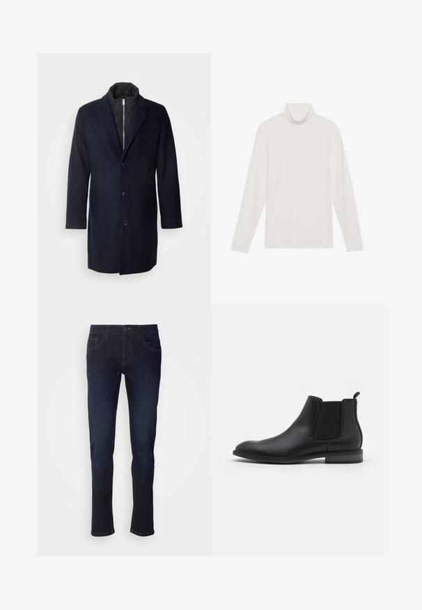 Marineblå uldblandingsfrakke med klapkrave, fem knapper foran, sidelommer og et sort isoleret indlæg. Mellemlang design.; Langærmet turtleneck top i hvid. Blødt, strækbart stof med en tætsiddende silhuet. Har en høj krave og minimal sømdetaljering.; Mørkeblå denim jeans med lige ben, som har forlommer, lynlås og subtile syninger.; Sort læder Chelsea støvle med elastiske sidelapper, rund tå og trækflap, der har en lav blokhælt og glat overflade.