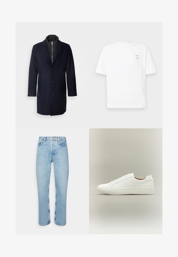 Marineblauer Wollmischungsmantel mit Schalkragen, fünf vorderen Knöpfen, Seitentaschen und einem schwarzen isolierten Innenfutter. Mittelanger Schnitt.; Weißes Baumwoll-T-Shirt mit lässiger Passform, kurzen Ärmeln und V-Ausschnitt. Verfügt über zwei kleine schwarze gedruckte Logos auf der linken Seite.; Hellblaue Jeans aus Denim mit geradem Schnitt, hoher Taille, fünf Taschen-Design und sichtbaren Nähten an den Nähten und Säumen.; Weißer Sneaker mit niedrigem Schaft, Schnürverschluss und flacher Sohle, seitlich auf neutralem Hintergrund gezeigt.