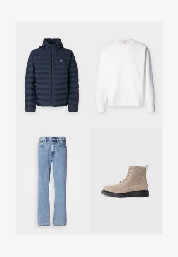 Veste matelassée bleu marine avec un design matelassé, fermeture éclair complète et capuche. Elle présente un petit logo sur la poitrine et un tissu texturé.; Sweat-shirt blanc en coton à manches longues avec un col rond et des poignets côtelés. Design simple sans motifs ni graphismes visibles.; Jean en denim bleu clair avec une coupe droite, cinq poches et une fermeture à bouton. Détails de couture près des poches et de la taille.; Bottines en daim beige avec semelle en caoutchouc noir, design à lacets, et un petit logo embossé sur le côté, avec une languette à l'arrière.