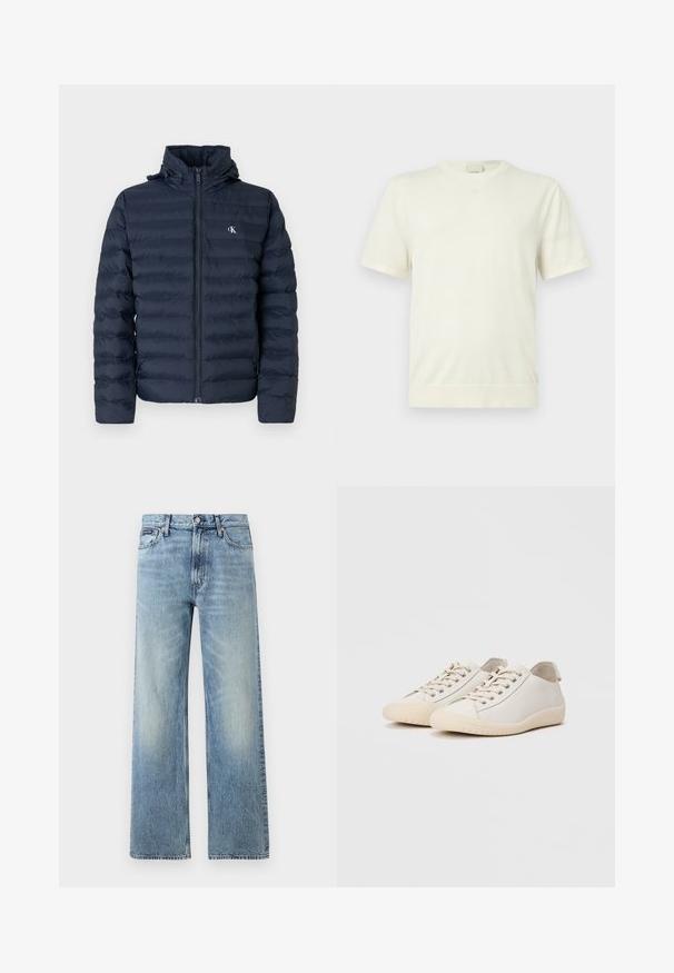 Veste matelassée bleu marine avec un design matelassé, fermeture éclair complète et capuche. Elle présente un petit logo sur la poitrine et un tissu texturé.; T-shirt blanc uni à manches courtes avec col rond, ourlet et poignets côtelés, présenté sur un fond gris clair neutre.; Jean droit en denim bleu clair avec taille haute, cinq poches, fermeture à boutons et léger délavage sur les cuisses et les genoux.; Baskets blanches en cuir lisse avec des coutures ton sur ton, fermeture à lacets, bout arrondi et semelle en caoutchouc texturée.