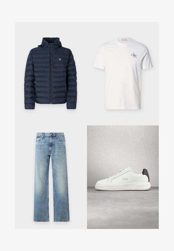 Veste matelassée bleu marine avec un design matelassé, fermeture éclair complète et capuche. Elle présente un petit logo sur la poitrine et un tissu texturé.; T-shirt blanc en coton à manches courtes avec petit logo gris "Calvin Klein" sur la poitrine gauche, col rond et coupe régulière.; Jean droit en denim bleu clair avec taille haute, cinq poches, fermeture à boutons et léger délavage sur les cuisses et les genoux.; Baskets blanches avec une tige en cuir lisse, des lacets plats et une semelle blanche surélevée. Présente un accent noir au talon et un logo embossé.