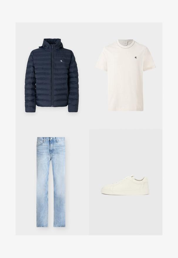 Veste matelassée bleu marine avec un design matelassé, fermeture éclair complète et capuche. Elle présente un petit logo sur la poitrine et un tissu texturé.; T-shirt Calvin Klein à manches courtes couleur écru avec col rond et petit logo noir "cK" sur la poitrine gauche.; Jean denim bleu clair à coupe droite avec poches avant, passants de ceinture et fermeture à boutons.; Baskets basses en cuir blanc avec fermeture à lacets et semelle plate sur fond gris clair uni, vue latérale.