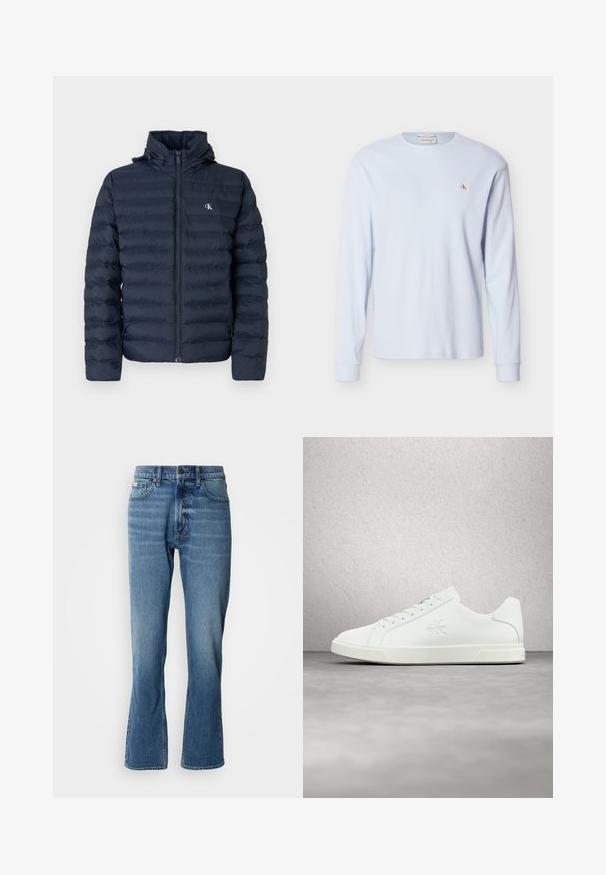 Veste matelassée bleu marine avec un design matelassé, fermeture éclair complète et capuche. Elle présente un petit logo sur la poitrine et un tissu texturé.; T-shirt à manches longues en tricot gaufré bleu clair avec col rond, poignets côtelés et petit patch logo "CK" rouge et blanc sur la poitrine gauche.; Jeans en denim bleu clair avec une coupe droite et une légère évasée. Comprend cinq poches, une fermeture à bouton et des détails de décoloration subtils.; Baskets en cuir blanc à finition lisse, design à lacets, détail logo sur le côté et semelle en caoutchouc blanche contrastante.