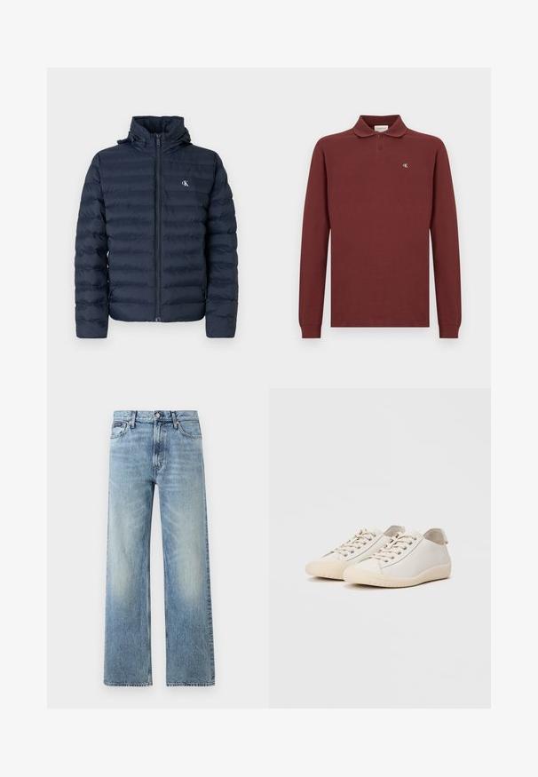 Veste matelassée bleu marine avec un design matelassé, fermeture éclair complète et capuche. Elle présente un petit logo sur la poitrine et un tissu texturé.; Polo-shirt à manches longues bordeaux en coton, arborant un col classique, une patte de boutonnage à trois boutons et un petit logo brodé sur la poitrine.; Jean droit en denim bleu clair avec taille haute, cinq poches, fermeture à boutons et léger délavage sur les cuisses et les genoux.; Baskets blanches en cuir lisse avec des coutures ton sur ton, fermeture à lacets, bout arrondi et semelle en caoutchouc texturée.