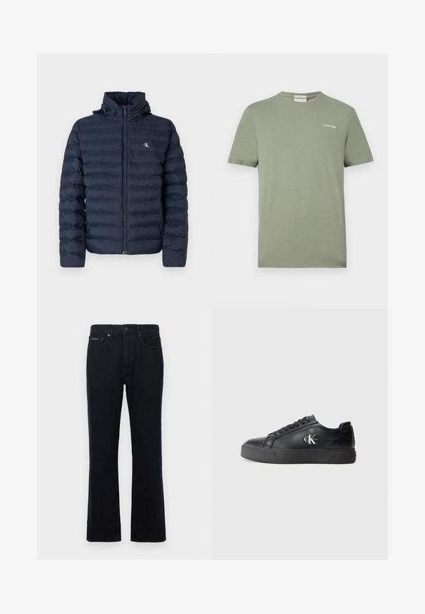 Veste matelassée bleu marine avec un design matelassé, fermeture éclair complète et capuche. Elle présente un petit logo sur la poitrine et un tissu texturé.; T-shirt Calvin Klein vert olive à manches courtes, col rond, avec petit logo sur le côté gauche de la poitrine.; Jean en denim noir avec coupe droite, fermeture par bouton et deux poches avant. Le tissu a une texture lisse avec peu de détails.; Baskets en cuir noir avec un bout arrondi, semelle plate noire et lacets ton sur ton. Présente un logo argenté sur le côté, texture lisse sur l'ensemble.
