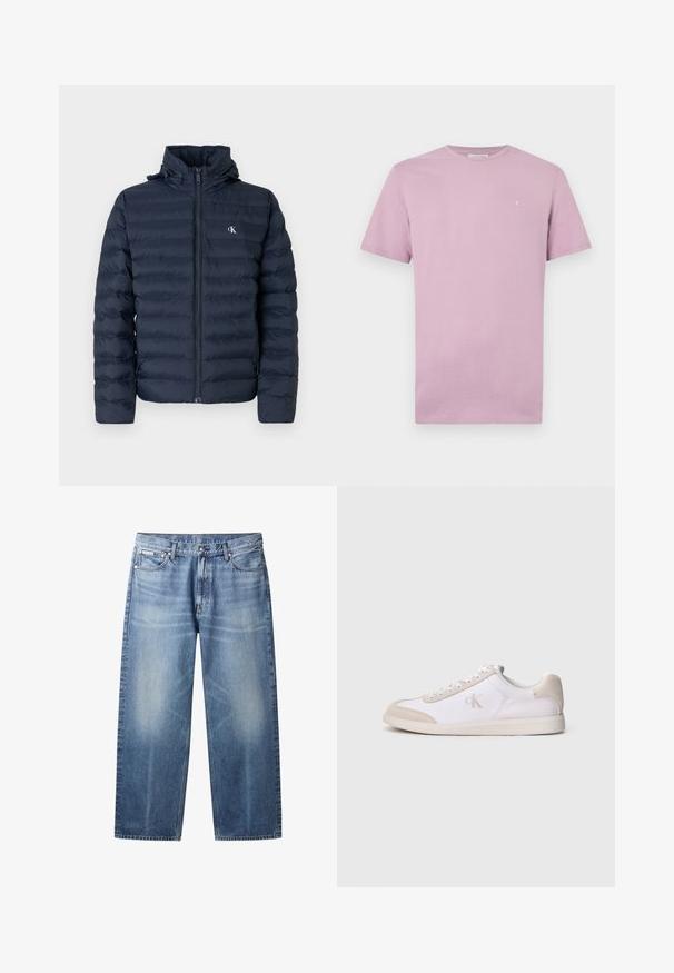 Veste matelassée bleu marine avec un design matelassé, fermeture éclair complète et capuche. Elle présente un petit logo sur la poitrine et un tissu texturé.; T-shirt en coton violet clair avec un col rond, des manches courtes et un petit logo blanc sur la poitrine. Texture lisse, coupe classique.; Jean bleu clair à coupe droite avec zones délavées, cinq poches, fermeture par bouton et étiquette Calvin Klein sur la poche avant droite.; Baskets basses blanches et beiges avec fermeture à lacets, accents en daim, et logo « cK » sur le côté, présentées de profil sur un fond uni.