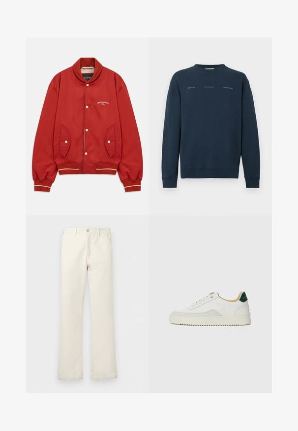 Rote Bomberjacke mit Knopfleiste, geripptem Kragen und Bündchen, seitlichen Taschen und weißem Emporio Armani Milano-Logo auf der Brust.; Marineblauer Pullover mit Rundhalsausschnitt, langen Ärmeln und weicher Textur. Verfügt über einen aufgedruckten Text auf der Vorderseite in kontrastierender heller Farbe.; Off-white gerade geschnittene Hose mit Vordertaschen, Gürtelschlaufen und Knopfverschluss in der Taille.; Weiße Sneaker mit Wildlederelementen, runder Zehenpartie, flachen Schnürsenkeln und einer cremefarbenen Gummisohle. Mit grünen Markenlogo am Fersenbereich.