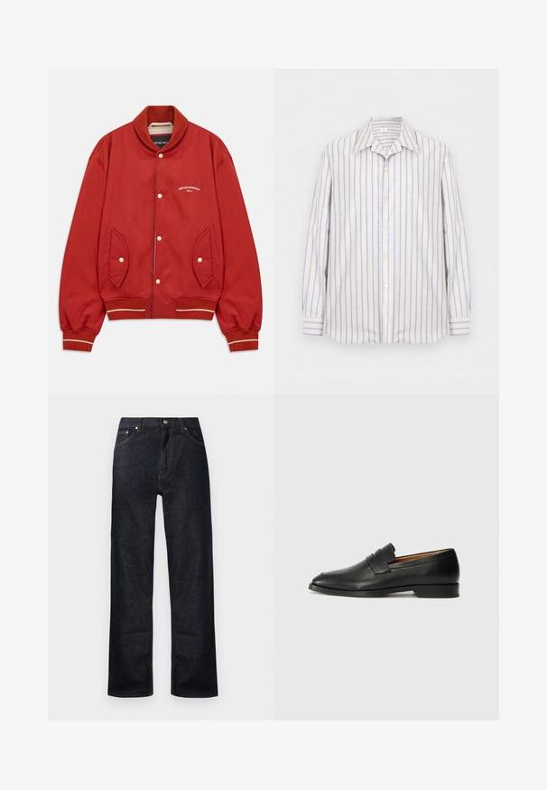 Punainen bomber-takki, jossa on nappisuljenta, ribatoitu kaulus ja hihansuut, sivutaskut sekä valkoinen Emporio Armani Milano -logo rinnassa.; Pitkähihainen napillinen paita, jossa pystysuorat beige-, valko- ja vaaleansiniset raidat, terävä kaulus ja napilliset kalvosimet.; Tummansiniset farkut suoran lahkeen muotoilulla, viidellä taskulla ja oranssilla ommeltyksellä. Metallinen nappi ja vetoketjukiinnitys.; Musta nahkainen loafer, jossa on pyöreä kärki, hienovarainen ommelkoristelu ja matala korko, joka on varustettu sileällä pinnalla ja minimalistisella designilla.