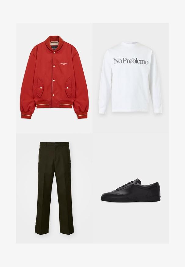 Punainen bomber-takki, jossa on nappisuljenta, ribatoitu kaulus ja hihansuut, sivutaskut sekä valkoinen Emporio Armani Milano -logo rinnassa.; Valkoinen pitkähihaisen paidan etupuolella mustalla teksti "No Problemo", jossa kirjaimen "o" sisällä pieni hymyilevä naama.; The Kooples PANTALON - Housut - kaki; Musta nahkainen matalavartinen lenkkari, jossa on etummaiset nauhat ja tasapohjainen kumipohja, kuvattuna sivulta valkoisella taustalla.
