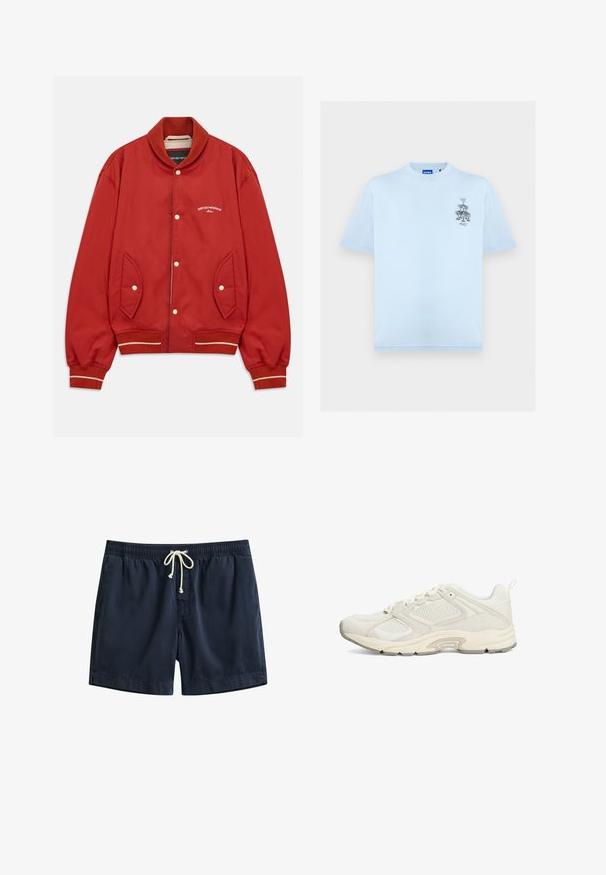 Chaqueta bomber roja con cierre de botones, cuello y puños acanalados, bolsillos laterales y logo blanco de Emporio Armani Milano en el pecho.; Camiseta de color azul claro con cuello redondo y mangas cortas, con un pequeño dibujo lineal negro de vasos de cóctel apilados en el pecho izquierdo.; Bañador corto de hombre azul marino con cintura elástica y cordón blanco, con bolsillos laterales y dobladillo recto.; Zapatillas deportivas blancas hechas de malla y ante, con punta redondeada, cordones en la parte frontal y suela texturizada con detalles claros.