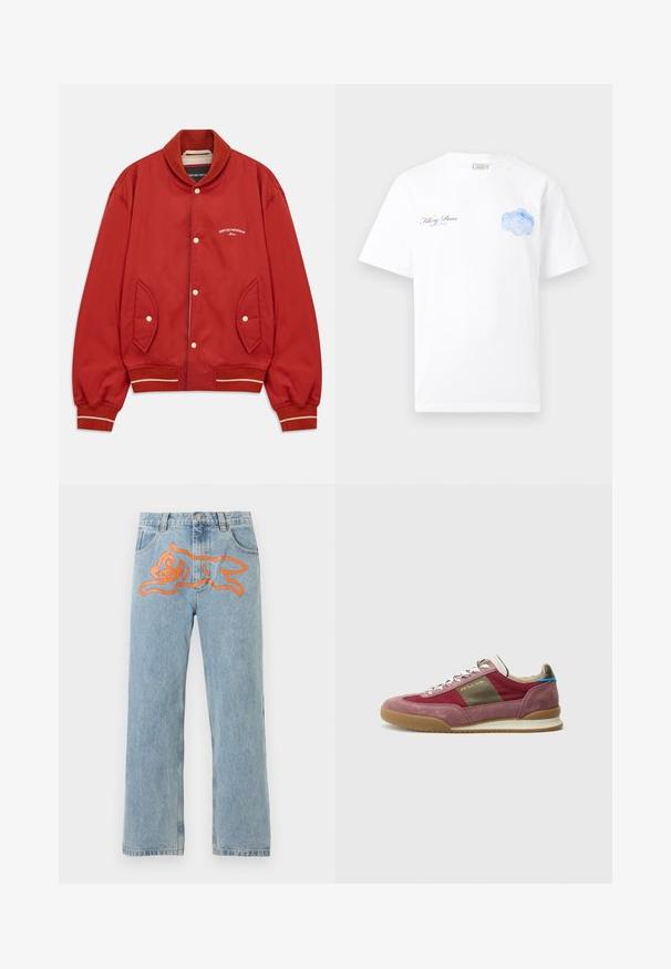Rød bomberjakke med knaplukning, ribbet krave og mansjetter, sidelommer og hvidt Emporio Armani Milano-logo på brystet.; Hvid t-shirt med korte ærmer med lille sort og blåt tekst "Filling Pieces" på venstre bryst og blå abstrakt net-illustration på højre bryst.; Lyseblå denimjeans med en stor orange grafik af en legesyg, tegneseriestil hund på forsiden ved taljeområdet.; Sneaker med en overdel i bordeaux ruskind og stof, beige accenter og en sål i gummi i kulør; har metalliske huller til snørebånd og snørebånd.