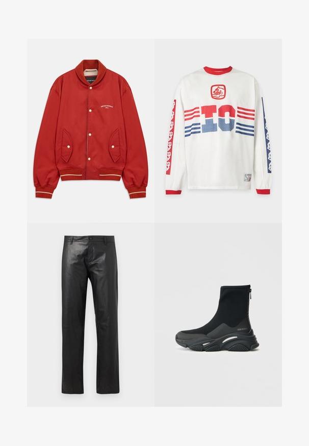 Rote Bomberjacke mit Knopfleiste, geripptem Kragen und Bündchen, seitlichen Taschen und weißem Emporio Armani Milano-Logo auf der Brust.; Weißes langärmliges Mesh-Shirt mit rotem Kragen und Bündchen, roten und blauen Streifen, großem "TC"-Schriftzug und grafischen Motiven auf Ärmeln und Brust.; Schwarze gerade geschnittene Lederhose mit Knopf vorne und Gürtelschlaufen, vor einem schlichten weißen Hintergrund dargestellt.; Schwarze Knöchelstiefel aus synthetischem Material mit einem eleganten Design, strukturiertem Sohlen und einem Reißverschluss hinten. Mit Markenlogo.