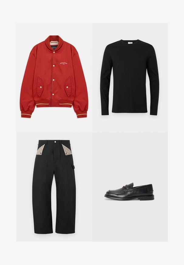 Chaqueta bomber roja con cierre de botones, cuello y puños acanalados, bolsillos laterales y logo blanco de Emporio Armani Milano en el pecho.; Camiseta negra de manga larga hecha de algodón, con un cuello redondo y un diseño simple sin patrones ni adornos visibles.; Pantalones negros de pierna ancha con cintura alta, bolsillos delanteros forrados con tela de cuadros beige, cierre con botón y pequeño detalle de lazo en el lado derecho.; Mocasines de cuero negro con punta redonda, detalles de costura y un pequeño acento dorado en la parte frontal. La suela es plana y discreta.