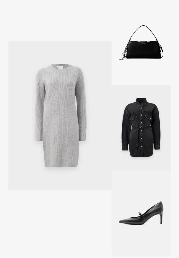 Schwarzes Denim-Hemdkleid mit langen Ärmeln, zwei Brusttaschen, Knopfleiste vorne und passendem Gürtel in der Taille.; Graues rippenstrickkleid mit langen Ärmeln, rundem Ausschnitt und Seitenschlitzen. Der Stoff hat eine weiche Textur mit einem gleichmäßigen vertikalen Muster.; Schwarzer Leder-Pumps mit spitzer Zehenpartie, dünnem Riemen und Schnalle über dem Spann, stehend auf hellem neutralem Hintergrund.; Schwarze, rechteckige Calvin Klein Handtasche mit einem einzelnen Tragegriff oben, silbernem Logo-Anhänger und kleinem Klappverschluss auf der Vorderseite.