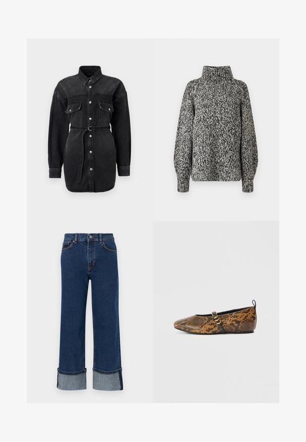 Schwarzes Denim-Hemdkleid mit langen Ärmeln, zwei Brusttaschen, Knopfleiste vorne und passendem Gürtel in der Taille.; Schwarz-weißer Strickpullover mit hohem Kragen, gerippten Manschetten und einem strukturierten Muster. Verfügt über zwei Knöpfe am Kragen.; Dunkelblaue Jeans mit geradem Bein und hoher Taille, Knopf- und Reißverschluss, hochgekrempelte Bündchen sowie Taschen vorne und hinten.; Ballerina-Schuh in falschem Schlangenledermuster mit braunen und schwarzen Farbtönen. Verfügt über einen schwarzen Riemen und goldene Beschläge. Glatte Textur.