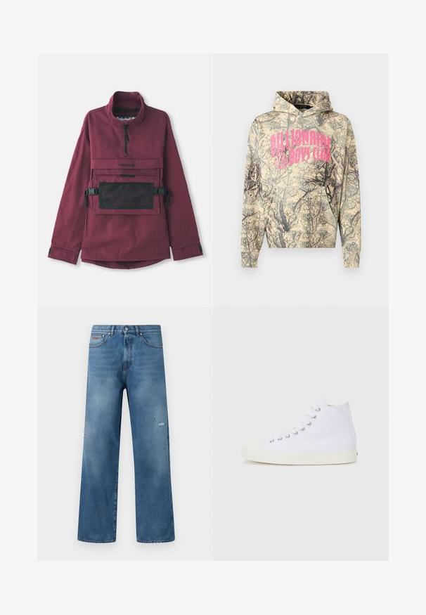 Burgunderfarbener Pullover-Jacke mit hohem Kragen, schwarzer Netzschultertasche, verstellbaren schwarzen Trägern und elastischen Bündchen. Strapazierfähige Stoffstruktur.; Camo-Muster Kapuzenpullover in Beige und Schwarz mit einem pinkfarbenen "Billionaire Boys Club"-Logo, ausgestattet mit einer Kängurutasche und verstellbarer Kapuze mit Kordelzug.; Blaue Jeans aus Denim mit geradem Bein, leichter Used-Optik am rechten Oberschenkel, Five-Pocket-Stil und Bund mit Knopfverschluss.; Weiße Canvas-Sneaker mit hohem Schnitt, runder Zehenpartie, Metallösen und cremefarbener Gummisohle. Glatte Textur mit minimalen Designdetails.