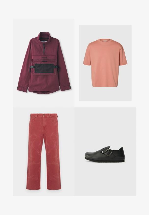 Bordeaux pullover jack met een hoge kraag, zwarte mesh pocket op de borst, verstelbare zwarte banden en elastische manchetten. Duurzame stofstructuur.; Effen T-shirt met korte mouwen en ronde hals in gedempte terracottakleur met een losse pasvorm op een lichtgrijze achtergrond.; Rode spijkerbroek met een ontspannen pasvorm, voorzien van een ontwerp met vijf zakken, zichtbare stiksels en subtiele vervaagde accenten overal.; Zwarte leren klompen met een ronde neus, uitgesneden ontwerp en een zijgesp. De zool is gestructureerd voor grip.