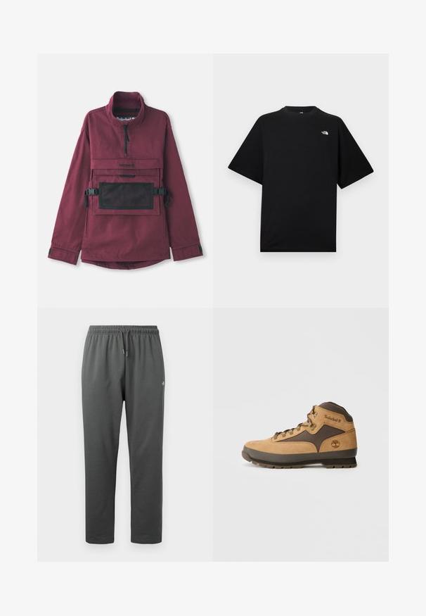 Bordeaux pulloverjakke med høj krave, lomme i sort mesh på brystet, justerbare sorte stropper og elastiske manchetter. Holdbart stof.; Sort T-shirt med korte ærmer og rund hals, med lille hvidt The North Face-logo på øverste venstre bryst.; Mørkegrå fleece-sweatpants med elastisk taljebånd og snor, med en lille logo på højre lår.; Brune ruskind vandrestøvle med mørkebrune accenter, metaløjer og sål med godt greb. Timberland-logo præget på siden. Mellemhøj design.