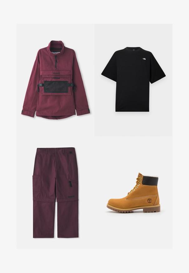 Bordeaux pulloverjakke med høj krave, lomme i sort mesh på brystet, justerbare sorte stropper og elastiske manchetter. Holdbart stof.; Sort T-shirt med korte ærmer og rund hals, med lille hvidt The North Face-logo på øverste venstre bryst.; Bordeaux cargo konvertible bukser med sidelomme med lynlås og Timberland-logo på højre ben, forlænget skridtlængde vist.; Brune læder ankelstøvle med metaløjer, hvid pelsforing, sort polstret krave, robust sål og præget logo på siden.