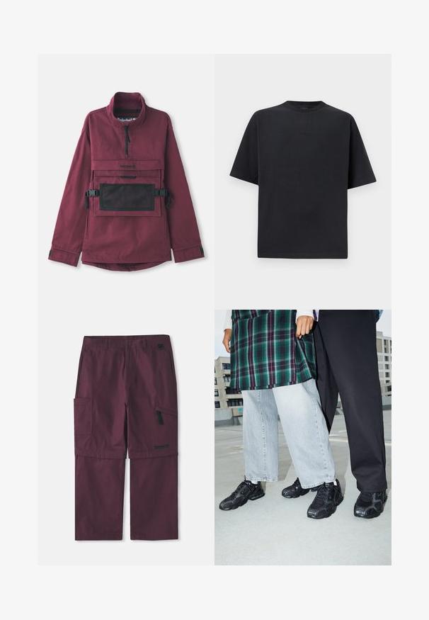 Bordeaux pulloverjakke med høj krave, lomme i sort mesh på brystet, justerbare sorte stropper og elastiske manchetter. Holdbart stof.; Sort, kortærmet oversized T-shirt med rund halsudskæring og diskret prægede bogstaver på brystet, vist på en ensfarvet hvid baggrund.; Bordeaux cargo konvertible bukser med sidelomme med lynlås og Timberland-logo på højre ben, forlænget skridtlængde vist.; Sorte atletik sko med mesh- og gummidetaljer. Båret med lysegrå vide jeans og en ternet grøn bluse. Flad overflade i baggrunden.