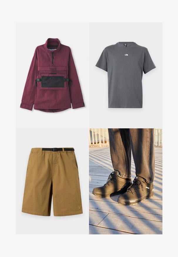 Bordeaux pullover jack met een hoge kraag, zwarte mesh pocket op de borst, verstelbare zwarte banden en elastische manchetten. Duurzame stofstructuur.; Grijs T-shirt met korte mouwen en ronde hals, met een klein wit The North Face-logo gecentreerd op de borst.; Bruine casual shorts met een zwarte verstelbare gesp, zijzakken en een subtiel logo aan de onderkant van het linkerbeen tegen een effen achtergrond.; Zwarte Timberland wandelschoenen hebben een hoge gloss ontwerpen, een gestructureerd oppervlak en ronde veters, tegen een achtergrond van een houten vloer.