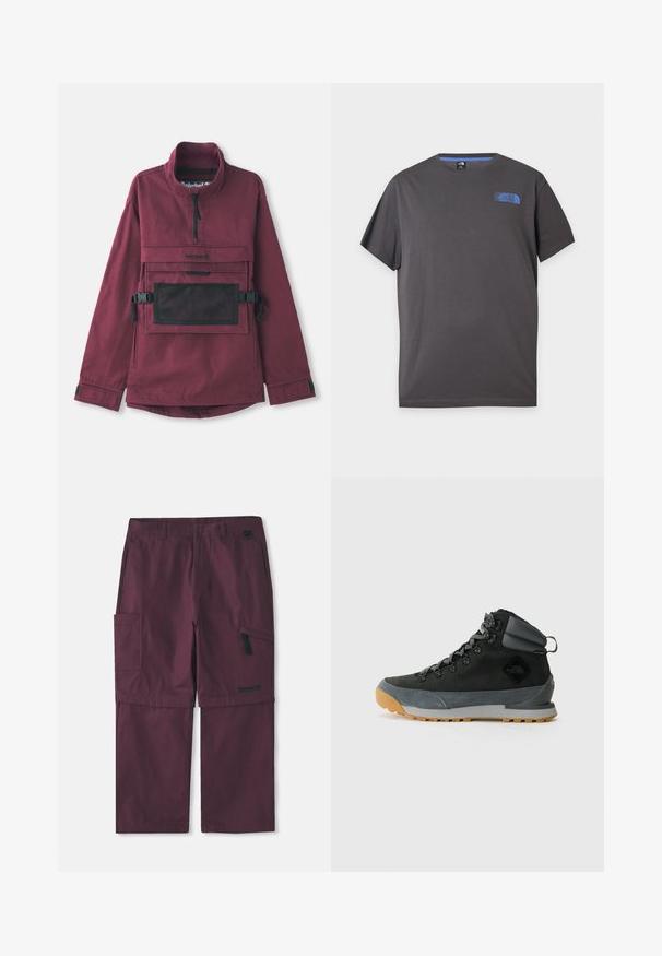 Burgunderfarbener Pullover-Jacke mit hohem Kragen, schwarzer Netzschultertasche, verstellbaren schwarzen Trägern und elastischen Bündchen. Strapazierfähige Stoffstruktur.; Dunkelgraues T-Shirt mit kurzen Ärmeln und Rundhalsausschnitt mit kleinem blauem The North Face-Logo auf der oberen linken Brust vor weißem Hintergrund.; Burgunderfarbene Cargo-Hose, wandelbar, mit seitlichem Reißverschlussfach und Timberland-Logo am rechten Bein, mit verlängertem Innenbein.; Schwarze hohe Wanderschuhe aus strukturiertem Wildleder und synthetischen Materialien, mit grauen Akzenten, einer robusten Gummisohle und grauen Schnürsenkeln.