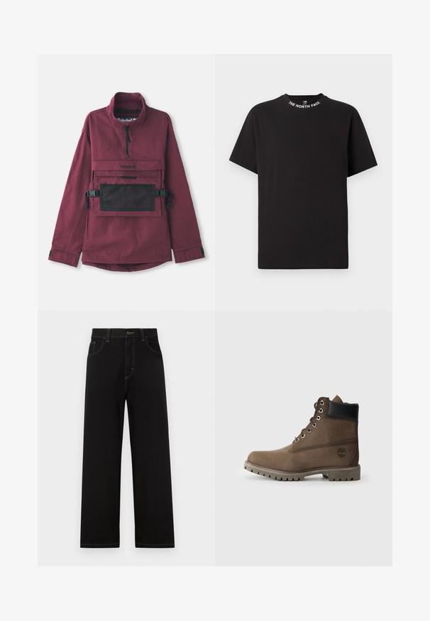 Bordeaux pulloverjakke med høj krave, lomme i sort mesh på brystet, justerbare sorte stropper og elastiske manchetter. Holdbart stof.; Sort T-shirt med korte ærmer og rund halsudskæring med teksten "THE NORTH FACE" trykt rundt om kraven.; Sorte denimbukser med lige pasform, der har frontlommer, kontrastgule syninger og en knaplukning i taljen.; Brune læder ankelstøvle med sort krave, metaløjer og slidstærk grå sål. Har logo på siden og syet detaljer.
