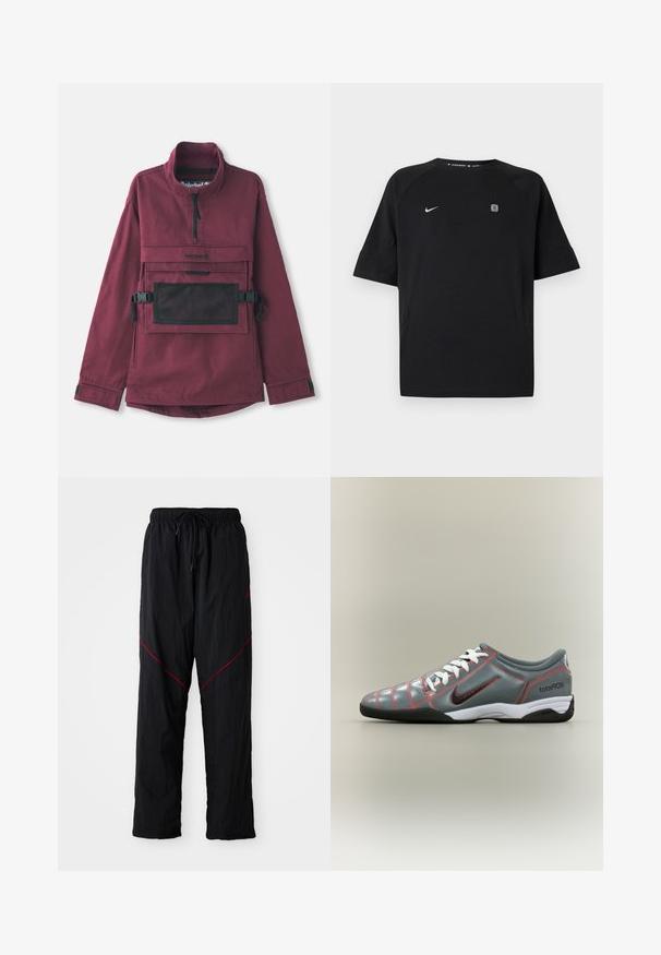 Bordeaux pulloverjakke med høj krave, lomme i sort mesh på brystet, justerbare sorte stropper og elastiske manchetter. Holdbart stof.; Sort Nike sportstrøje med korte ærmer med hvid swoosh-logo på venstre bryst og lille firkantet emblem på højre bryst, ensfarvet baggrund.; Sorte atletiske bukser med en struktureret overflade, der har taljebånd, røde accentlinjer og en løs pasform.; Grå Nike Total 90 III indendørs fodboldsko med hvide snørebånd, sort sål, rød syning og sort swoosh-logo på siden.