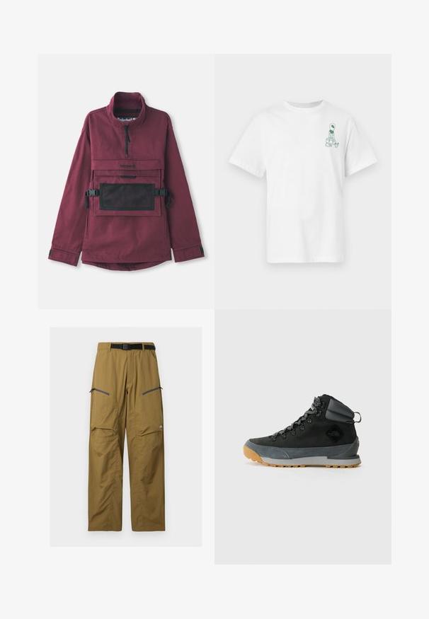 Burgunderfarbener Pullover-Jacke mit hohem Kragen, schwarzer Netzschultertasche, verstellbaren schwarzen Trägern und elastischen Bündchen. Strapazierfähige Stoffstruktur.; Weißes kurzärmliges T-Shirt mit kleiner grüner Alien-Grafik, die Taschen auf der linken Brustseite trägt.; Khakifarbene Outdoor-Hose mit schwarzem verstellbarem Gürtel, zwei Reißverschluss-Oberschenkeltaschen und Knie-Nähten, auf einfachem Hintergrund dargestellt.; Schwarze hohe Wanderschuhe aus strukturiertem Wildleder und synthetischen Materialien, mit grauen Akzenten, einer robusten Gummisohle und grauen Schnürsenkeln.