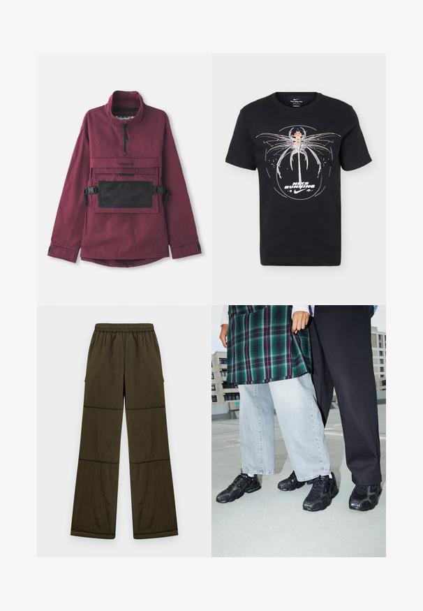 Bordeaux pulloverjakke med høj krave, lomme i sort mesh på brystet, justerbare sorte stropper og elastiske manchetter. Holdbart stof.; Sort Nike løbe-T-shirt med detaljeret futuristisk insektgrafik og hvidt "Nike Running"-tekst under designet.; Løse bukser i mørke olivengrøn med elastisk talje, synlige sømdetaljer og sidelommer, vist mod en ensfarvet lys baggrund.; Sorte atletik sko med mesh- og gummidetaljer. Båret med lysegrå vide jeans og en ternet grøn bluse. Flad overflade i baggrunden.