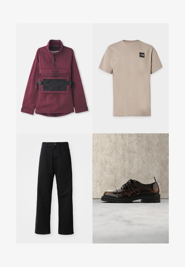 Bordeaux pulloverjakke med høj krave, lomme i sort mesh på brystet, justerbare sorte stropper og elastiske manchetter. Holdbart stof.; Beige kortærmet t-shirt med rund halsudskæring og lille sort The North Face-logo på øverste venstre bryst.; Sorte denimbukser med lige snit, der har frontlommer, lynlås og en enkelt knap i toppen. Struktureret stof med en mat finish.; Blank brun lædersko med tyk sort sål og unik snøring, placeret på beige tæppe nær rundet orange møbel.
