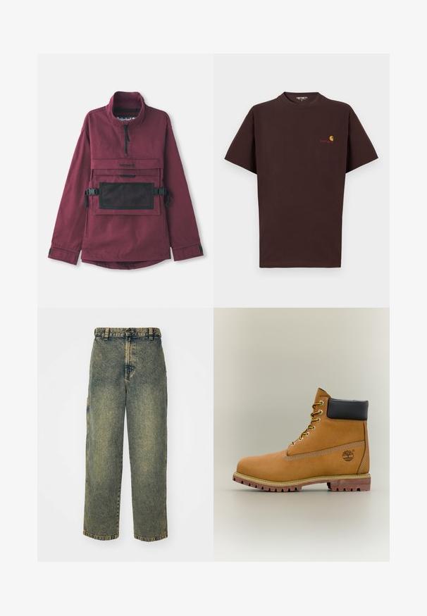 Burgunderfarbener Pullover-Jacke mit hohem Kragen, schwarzer Netzschultertasche, verstellbaren schwarzen Trägern und elastischen Bündchen. Strapazierfähige Stoffstruktur.; Braunes Baumwoll-T-Shirt mit kurzen Ärmeln, Rundhalsausschnitt, Logo auf der linken Brust in Orange und Rot, gerader Saum und lockere Passform.; Baggy-Jeans aus Denim in einer verblassten Blauen und Grünen Waschung. Mit Knopfverschluss, Gürtelschlaufen und Seitentaschen. Flaches Vorderteil und gerades Bein-Design.; Brauner Leder-Stiefelette mit schwarzem Kragen, gelben Schnürsenkeln und hellbrauner Sohle. Verfügt über ein Logo und weiße Ziernähe. Robuste Profilsohle.
