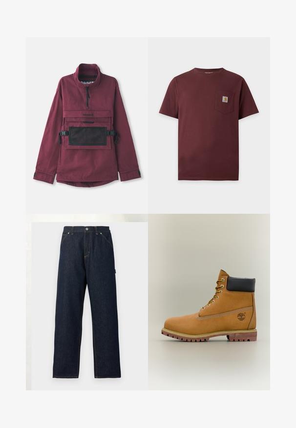 Burgunderfarbener Pullover-Jacke mit hohem Kragen, schwarzer Netzschultertasche, verstellbaren schwarzen Trägern und elastischen Bündchen. Strapazierfähige Stoffstruktur.; Dunkelbraunes T-Shirt mit kurzen Ärmeln und Brusttasche mit kleinem Carhartt-Logo-Patch.; Dunkelblaue Jeans mit geradem Bein, Vorderentaschen, Gürtelschlaufen und Knopfverschluss in der Taille vor einfarbigem Hintergrund.; Brauner Leder-Stiefelette mit schwarzem Kragen, gelben Schnürsenkeln und hellbrauner Sohle. Verfügt über ein Logo und weiße Ziernähe. Robuste Profilsohle.