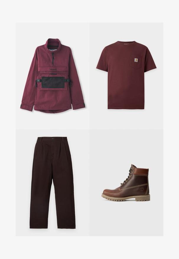 Burgunderfarbener Pullover-Jacke mit hohem Kragen, schwarzer Netzschultertasche, verstellbaren schwarzen Trägern und elastischen Bündchen. Strapazierfähige Stoffstruktur.; Dunkelbraunes T-Shirt mit kurzen Ärmeln und Brusttasche mit kleinem Carhartt-Logo-Patch.; Dunkelbraune, plissierte Hose mit Knopfverschluss, gefertigt aus weicher Baumwolle. Verfügt über gerade Beine und eine subtile Textur.; Braune Leder-Schnürstiefelette mit gepolsterter Knöchelpartie, kontrastierenden Nähten und robustem Sohlendesign, von der Außenseite auf einem weißen Hintergrund gezeigt.