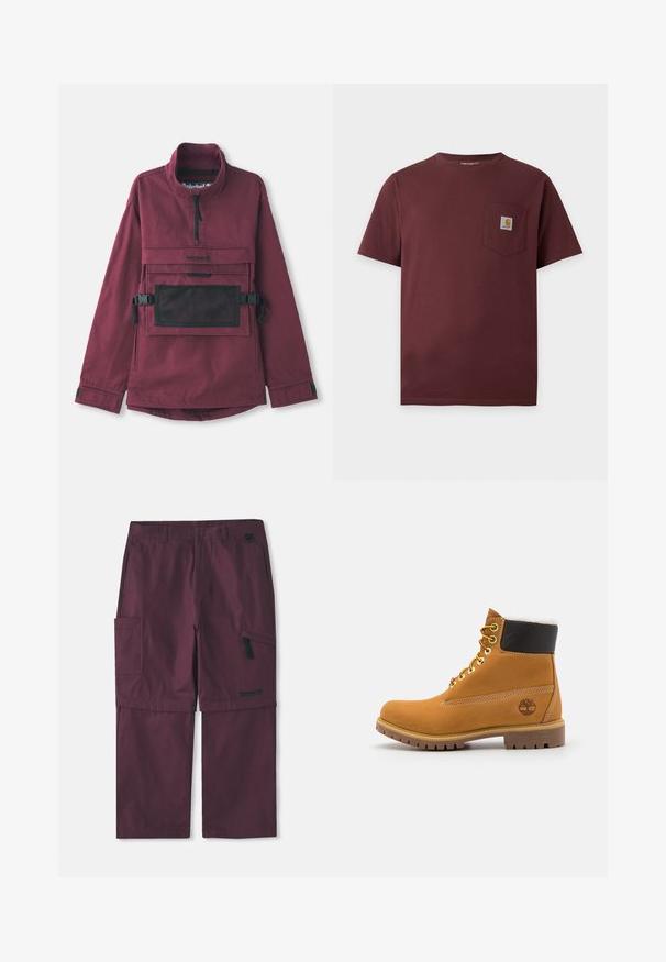 Bordeaux pulloverjakke med høj krave, lomme i sort mesh på brystet, justerbare sorte stropper og elastiske manchetter. Holdbart stof.; Kortærmet mørkebrun t-shirt med brystlomme med en lille Carhartt logo patch.; Bordeaux cargo konvertible bukser med sidelomme med lynlås og Timberland-logo på højre ben, forlænget skridtlængde vist.; Brune læder ankelstøvle med metaløjer, hvid pelsforing, sort polstret krave, robust sål og præget logo på siden.