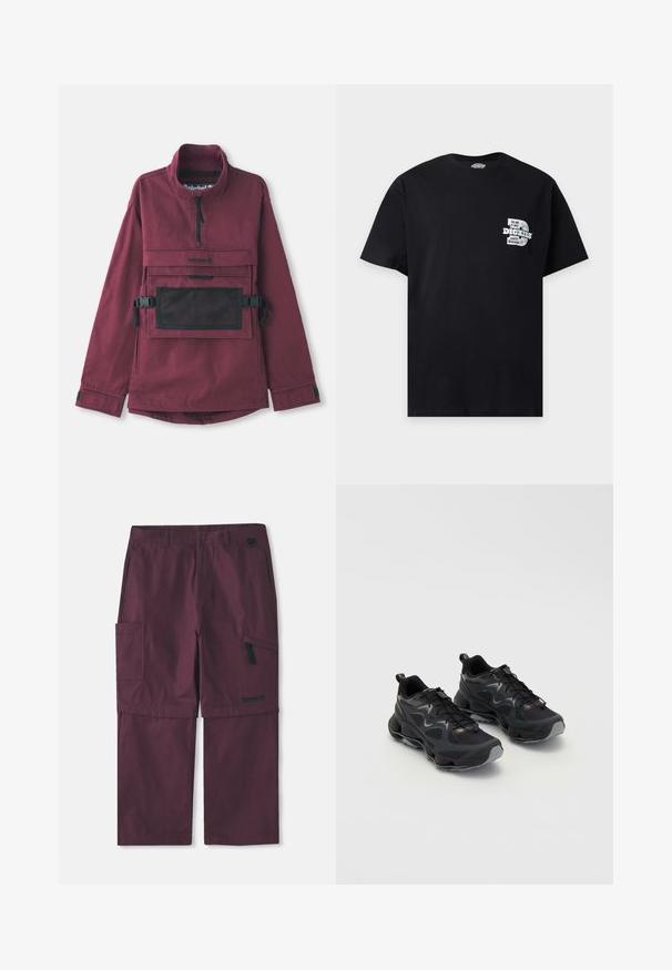 Burgunderfarbener Pullover-Jacke mit hohem Kragen, schwarzer Netzschultertasche, verstellbaren schwarzen Trägern und elastischen Bündchen. Strapazierfähige Stoffstruktur.; Schwarzes T-Shirt mit kurzen Ärmeln und kleinem weißem Dickies-Logo und Text auf der linken Brusttasche.; Burgunderfarbene Cargo-Hose, wandelbar, mit seitlichem Reißverschlussfach und Timberland-Logo am rechten Bein, mit verlängertem Innenbein.; Schwarze Sportschuhe mit einem strukturierten Mesh-Obermaterial, ausgestattet mit einer dicken Sohle, Schnürverschluss und dezenten grauen Akzenten.