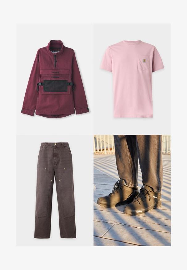 Bordeaux pullover jack met een hoge kraag, zwarte mesh pocket op de borst, verstelbare zwarte banden en elastische manchetten. Duurzame stofstructuur.; Effen roze korte-mouwen t-shirt met een borstzakje met een klein rechthoekig Carhartt-logo.; Bruine rechtvallende broek met hoge taille, voorzakken, riemlussen en zichtbare stikseldetails op de knieën en dijen.; Zwarte Timberland wandelschoenen hebben een hoge gloss ontwerpen, een gestructureerd oppervlak en ronde veters, tegen een achtergrond van een houten vloer.