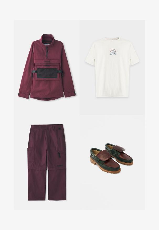 Burgunderfarbener Pullover-Jacke mit hohem Kragen, schwarzer Netzschultertasche, verstellbaren schwarzen Trägern und elastischen Bündchen. Strapazierfähige Stoffstruktur.; Weißes kurzärmeliges T-Shirt mit einer kleinen blau-roten Froschgrafik zentriert auf der Brust und rotem Text oberhalb des Frosches.; Burgunderfarbene Cargo-Hose, wandelbar, mit seitlichem Reißverschlussfach und Timberland-Logo am rechten Bein, mit verlängertem Innenbein.; Lederschuhe mit einem dunkelgrünen Oberteil und einem bordeauxroten oberen Teil, runder Spitze, gesichertem Klappverschluss und einer strukturierten Gummisohle mit Rillen.