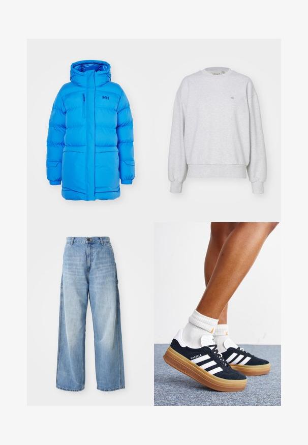 Blauwe pufferjack met capuchon, voorzien van een ritszak op de borst, elastische manchetten en een opvallend logo aan de bovenste linkerkant.; Carhartt WIP CASEY - Sweater - ash heather/silver; Lichtblauwe wijde jeans met een hoge taille, voorzien van zijzakken en een vervaagde textuur, vervaardigd uit denim materiaal.; Ben met witte sokken en zwarte Adidas Gazelle sneakers met witte strepen en dikke bruine zolen op een grijs tapijt.