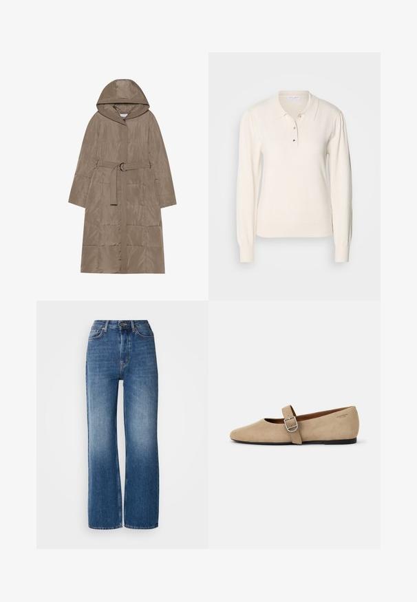 Manteau matelassé en marron clair, avec capuche, taille ceinturée et motif matelassé vertical. Texture lisse et fermeture éclair à l'avant incluses.; Chemise polo à manches longues de couleur crème avec une texture douce, fermeture à boutons et poignets côtelés. Elle présente un col classique et une silhouette ajustée.; Jeans en denim bleu à taille haute et jambes larges avec un lavage dégradé, des coutures cuivrées, une fermeture à bouton à l'avant et cinq poches.; Ballerines en daim beige de style Mary Jane avec un bout pointu et une seule sangle réglable dotée d'une boucle en métal argenté. Semelle plate noire.