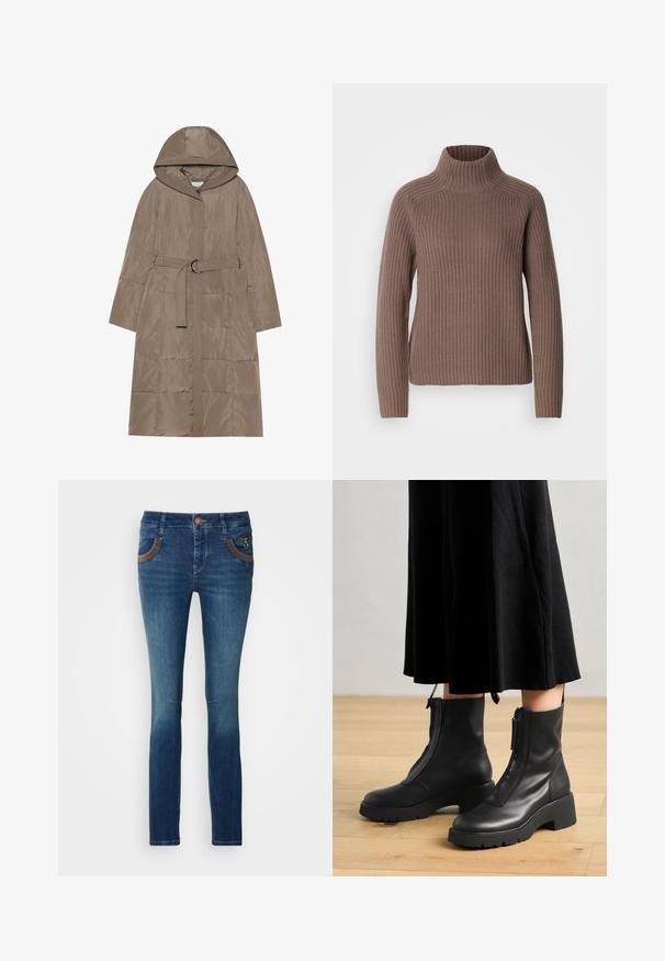 Manteau matelassé en marron clair, avec capuche, taille ceinturée et motif matelassé vertical. Texture lisse et fermeture éclair à l'avant incluses.; Mos Mosh THYRA HIGHNECK - Pullover - braun; Jean en denim bleu foncé avec une coupe slim. Dispose de deux poches avant avec des accents marron et une fermeture à bouton. Finition légèrement délavée sur les jambes.; Bottines en cuir noir avec une semelle plateforme épaisse et une fermeture éclair à l'avant. Texture lisse avec un design minimaliste.