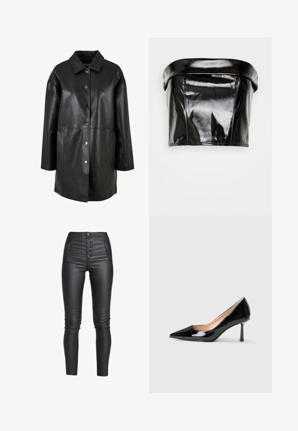 Sort læderjakke med krave, trykknapper, sidelommer og løs pasform med en glat tekstur.; Gina Tricot TUBE - Top - black; ONLY ONLROYAL COATED BUTTON PANT - Bukser - black; Sorte lakerede stiletto højhælede sko med spids tå og slank midt-høj stiletho hæl på hvid baggrund.