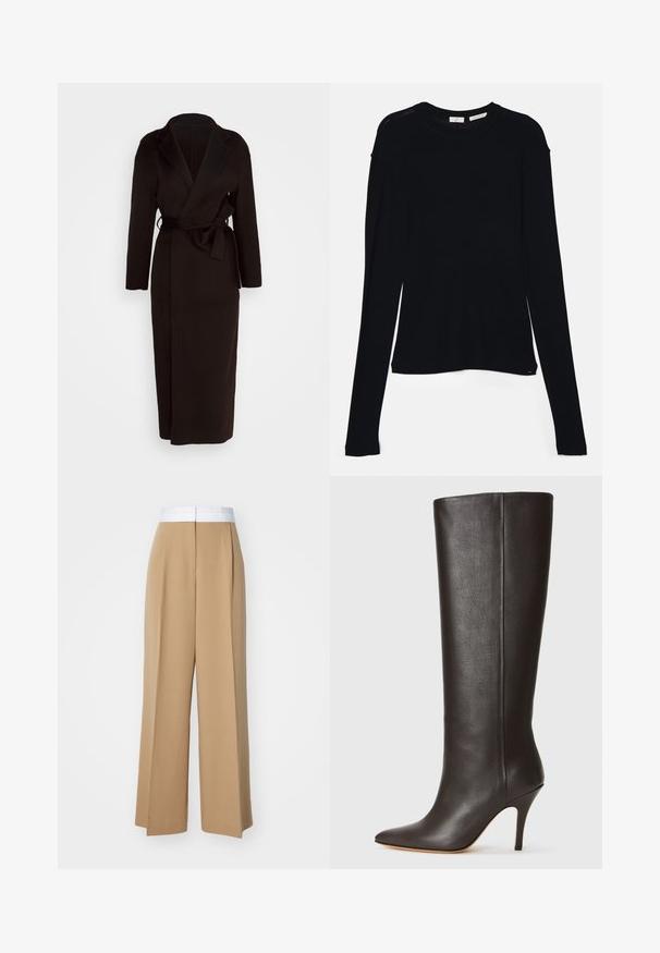 Manteau noir en tissu doux, doté d'un col châle, de manches longues et d'une ceinture à nouer à la taille. Design jusqu'au sol.; Haut noir à manches longues en tissu doux, avec un col rond et une coupe décontractée, doté de fentes sur les côtés à l'ourlet pour faciliter les mouvements.; Pantalons à jambes larges en tissu brun clair avec une taille blanche contrastante. Présente des lignes épurées et sans motifs ou embellissements visibles.; Botte en cuir noire, montée jusqu'au genou, avec un bout pointu, un design épuré et un fin talon haut. Texture lisse et minimalisme des détails.