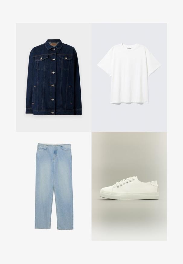 Donkerblauwe denimjas met kraag, voor sluiting met knopen, twee borstzakken, zijzakken en contrasterende stikseldetails.; Witte T-shirt met korte mouwen en een ronde hals, met een relaxte pasvorm en een "WEEKDAY" label aan de binnenkant achter bij de hals.; Lichtblauwe denim jeans met een rechte pijp, met een hoge taille, vijf zakken en gezeffde zoomdetails.; Witte lage sneaker met witte veters en rubberen zool, zijaanzicht op een neutrale achtergrond.